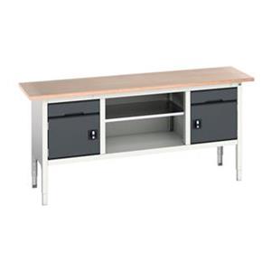 verso adj. height storage bench (mpx) with 1 drw-cbd / mid shelf / 1 drw-cbd. WxDxH: 2000x600x830-930mm. RAL 7035/5010 or selected Verso Height Adjustable Work Storage and Packing Benches